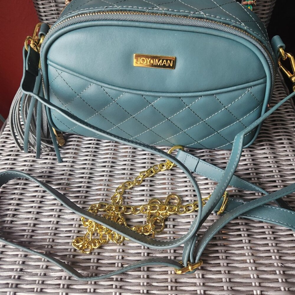 JOY & IMAN ~ Diamond Quilted Teal Green LEATHER Crossbody Bag ~ 2 Straps ~ EUC